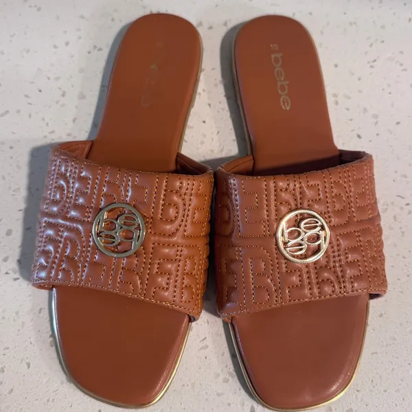 Bebe Womens Cognac Brown Quilted Logo‎ Slide Sandals Square Toe Gold Hardware 10 - Image 3