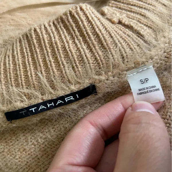 Tahari Camel Fuzzy Long Sleeve‎ Oversized V Neck Button Front Cardigan Sweater - Image 5
