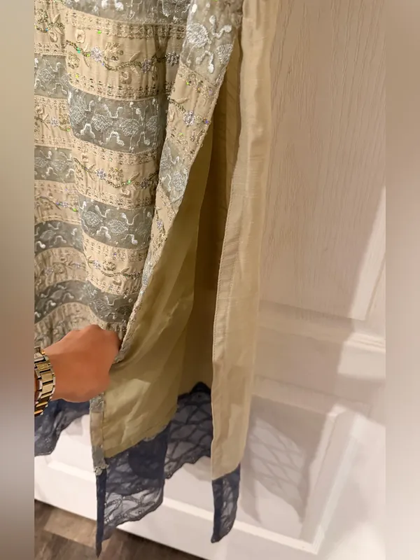 Handmade Indian Beige and Gray Embroidered Formal Women's Dress - Image 5