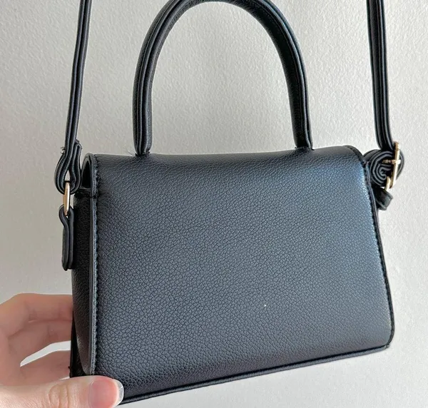 Small Black Top Handle Crossbody Faux Pebble Leather Snap Closure Bag - Image 10