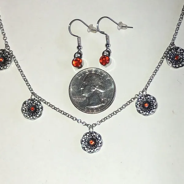 Silver Tone Floral Disc Necklace & Orange Accent Earrings Set - Image 4