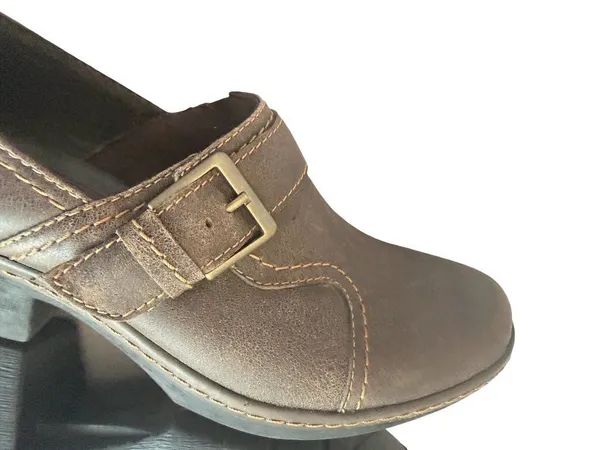 Clarks Bendables Freesia Clog Shoes Low Heel Buckle Leather Light Brown Size 8 - Image 9
