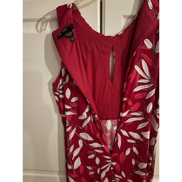 Maggy London Red White Leaf Print Sleeveless Maxi Dress Pleated Keyhole Size 6 - Image 7