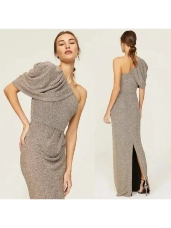 Black Halo EVE Egan One Shoulder Metallic Gown 0 Gold Luxe Long Stretch Pleated - Image 3