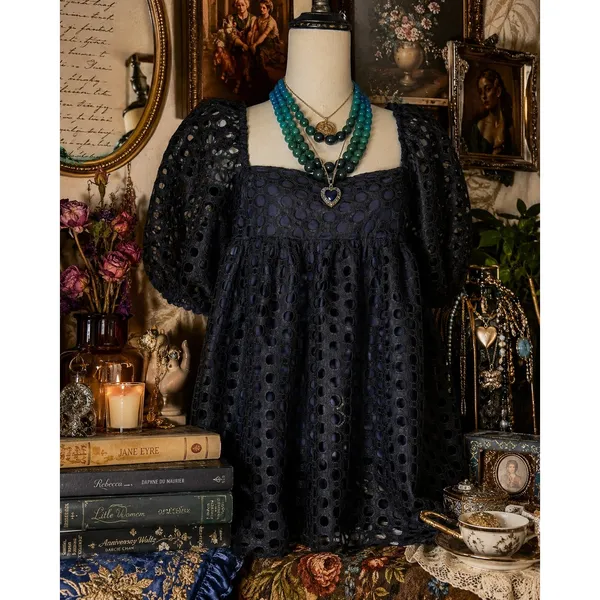 Kimchi Blue Black Eyelet Lace Babydoll Top‎ Puff Sleeve Boho Romantic Medium - Image 7