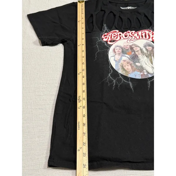 Aerosmith Graphic T-Shirt Black Cotton Cut Out Distressed Rock Band Tee Large - Image 5