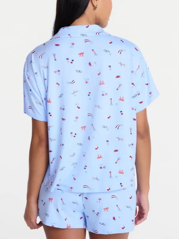 Light Blue American Printed Short-Sleeve Pajama Top and Shorts Set - Image 3