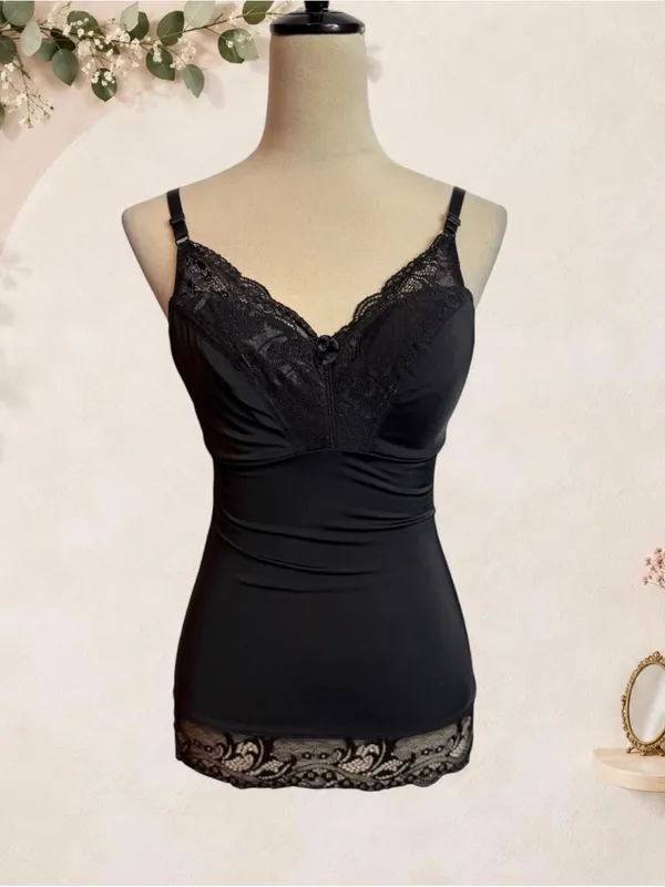 Black Lace Satin Camisole Lingerie Top Adjustable Straps - Image 3