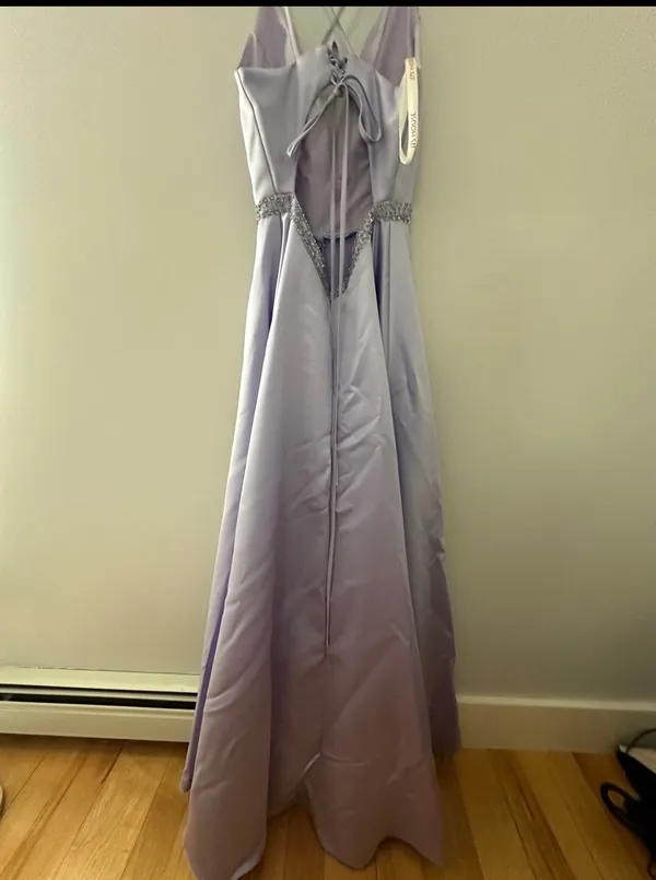 JJ's House Purple Satin A Line Open Corset Back Prom Dress - Image 7