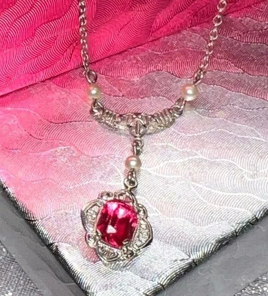10K Gold 13” Red Stone/Pearl Drop Necklace - Image 2