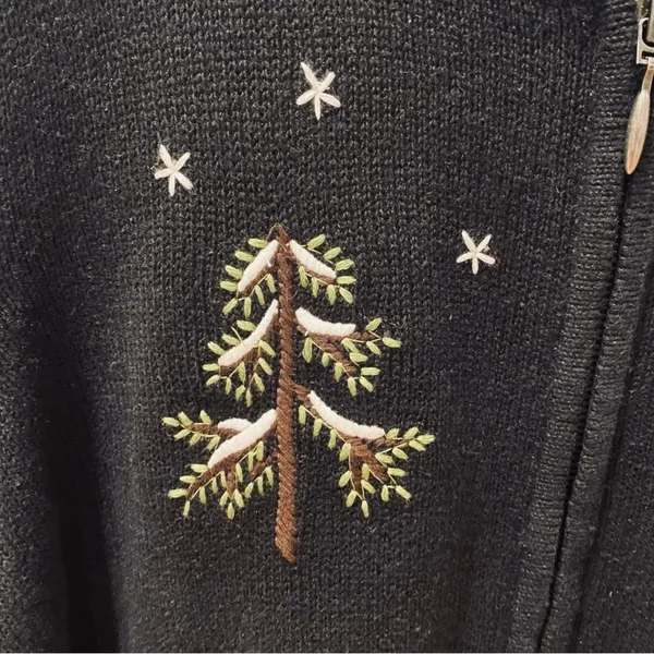 Vintage Christmas Sweater Cardigan Zip Trees 1X Embroidered Black Green - Image 7