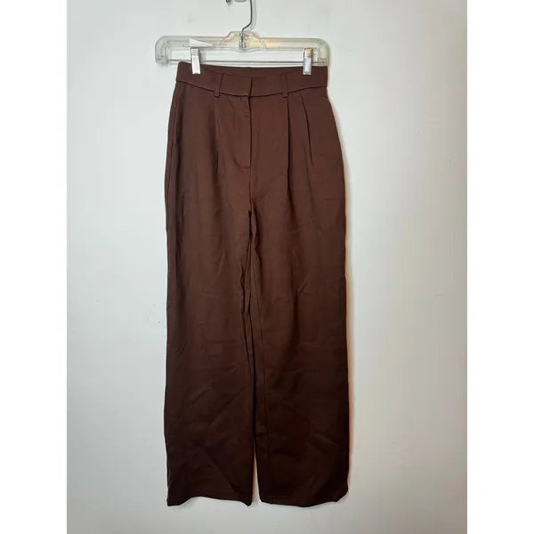 OGL Brown Wide Leg Pleated Pull On Trousers Pants Pockets Women Size XS - Image 3