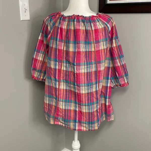 Sundance Tender Plaid tie neck ruffle blouse size large pink blue boho feminine - Image 4