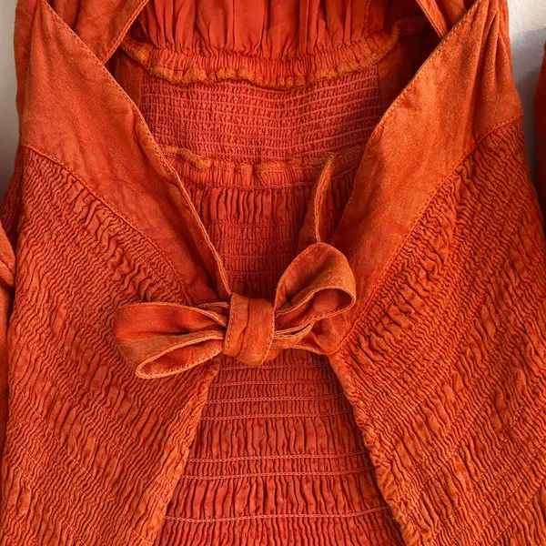 Free People Red Orange String of Hearts Button Down Puff Sleeve Maxi Dress Small - Image 6