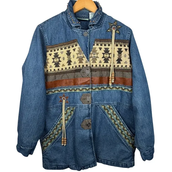Vintage 220‎ Hickory Western Southwestern Aztec Denim Jacket Faux Leather Trim - Image 2