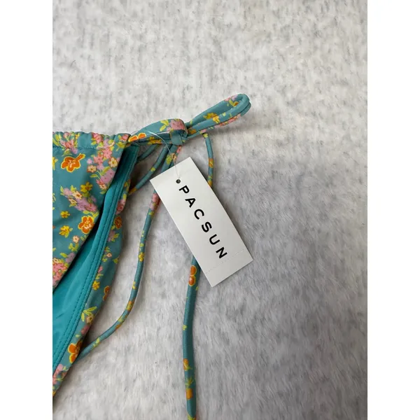 PacSun Swim Eco Teal Floral‎ Side Tie Bikini Bottoms Medium NWT 0242-710 - Image 2