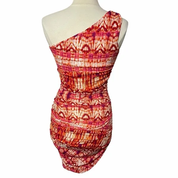 MISCREANTS One-Shoulder Ruched‎ Mini Bodycon Dress Orange Tie-Dye UK 8 / US 4 - Image 6