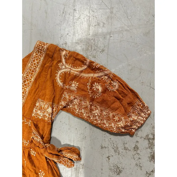 Free People Rust Orange Embroidered Long Sleeve Romper Boho V-Neck Small - Image 4