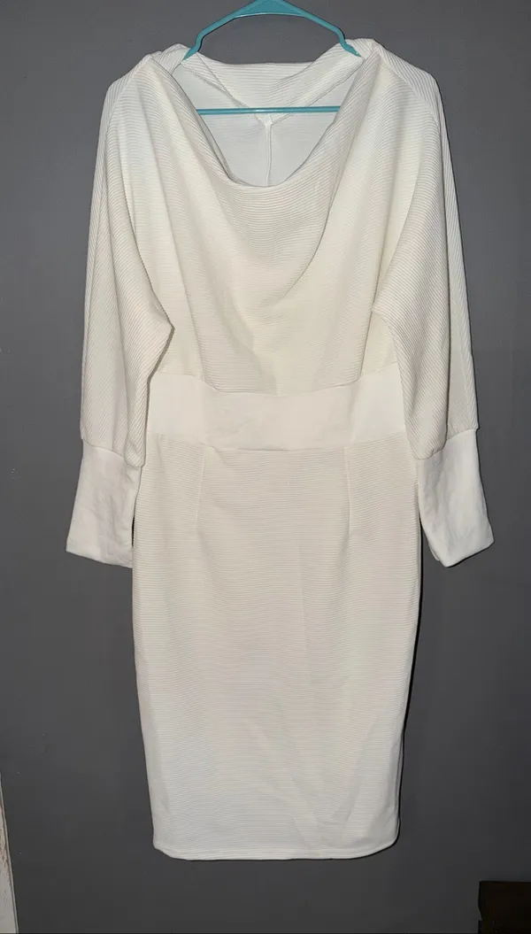 Boutique White Cowl Neck V Neck Bat Wing MIDI Dress Size XL NWOT - Image 2