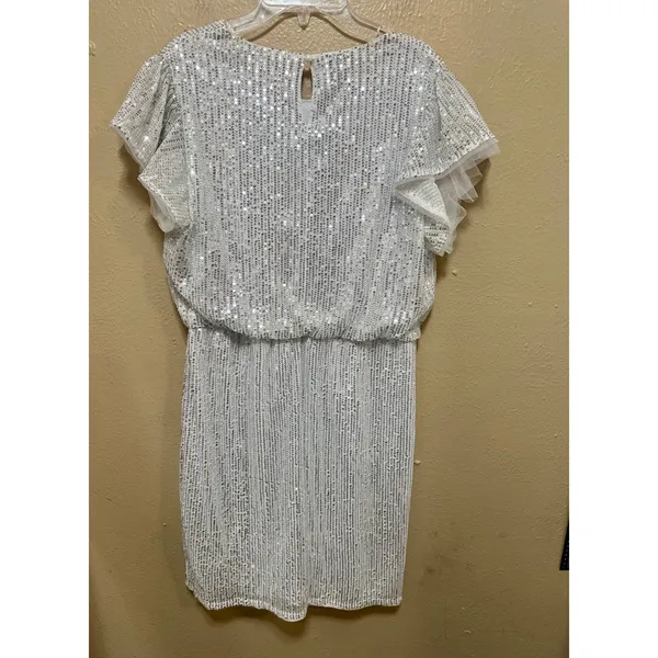 Grace Kari‎ Women Silver Sequin Tulle Flutter Sleeve Ruched Waist Party Dress L - Image 3