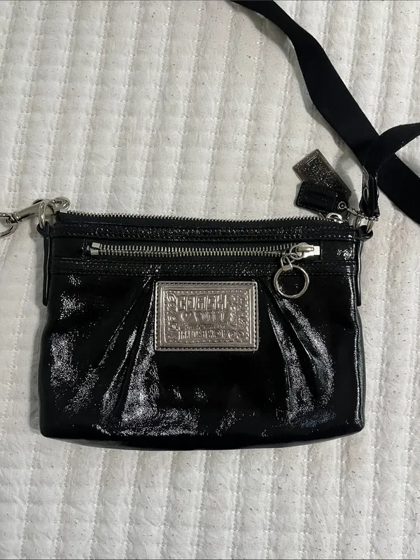Coach Black Patent Crossbody with Silver Plaque - Image 2