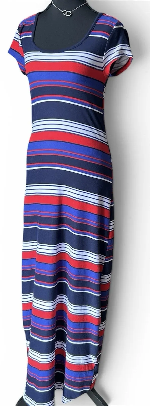 Derek Heart Striped Maxi Dress Med Blue Red White Jersey Knit Short Sleeve VGUC - Image 2
