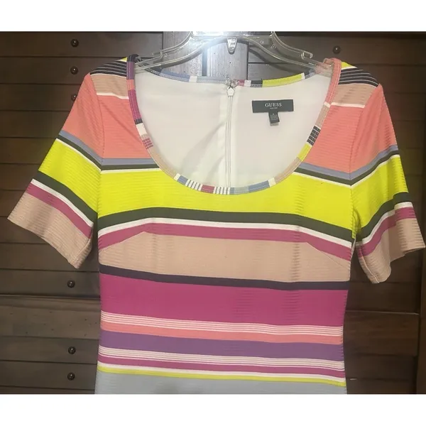 GUESS Multi-color Bright Striped Maxi Dress Size 4 Ribbed Short Sleeve Happy - Image 3