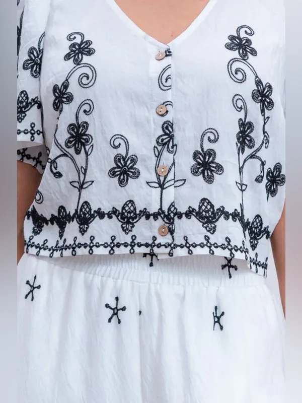 NWT White & Black Embroidered Two-Piece Wide-Leg Pants Set Large - Image 4