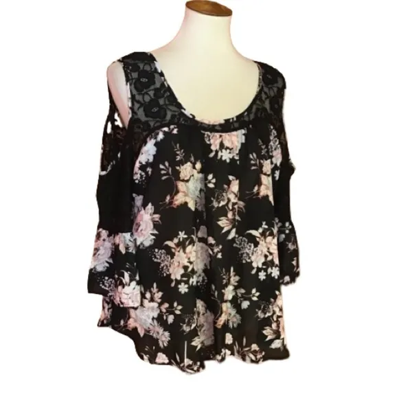 Charming Charlie Black Floral Cold Shoulder Blouse XL Lace Boho Flowy Top - Image 2