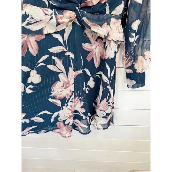 Lulus Mini Dress M Navy Floral Metallic Sheer Long Sleeve Twisted Front V-Neck - Image 7