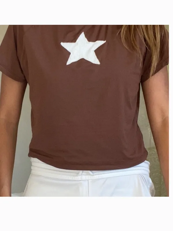 brown and white star patchwork tee Size M - Image 6