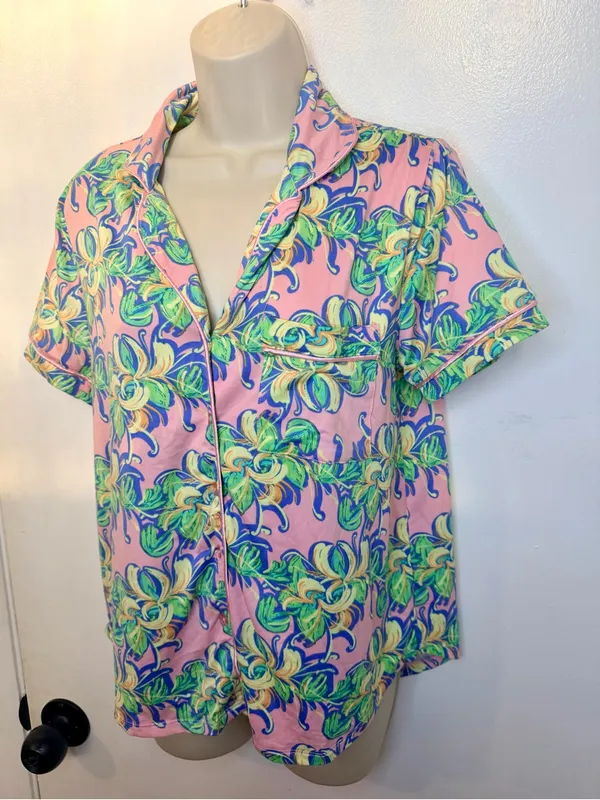 Lauren James LJ Size M Pink Tropical Floral Short Sleeve Pajama Top Sleep Shirt - Image 5
