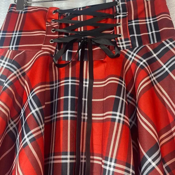 Red & Black Plaid Handkerchief Skirt Corset Tie Skirt women sz L - Image 2