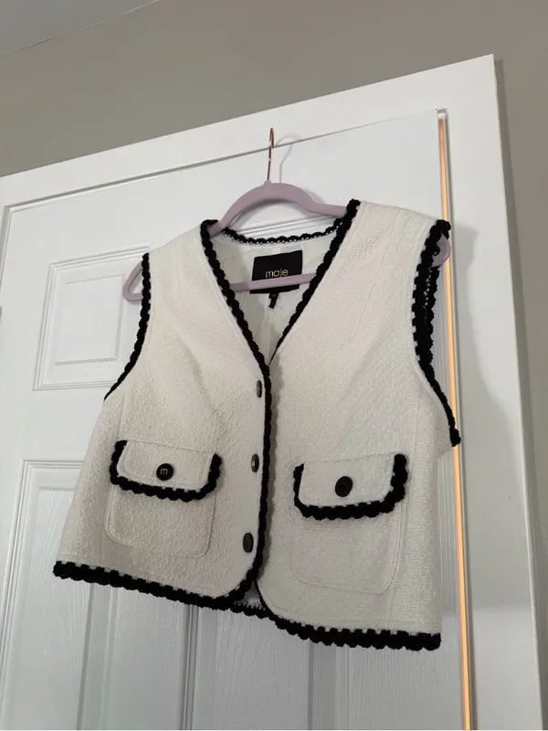 Maje Vitosio Tweed Vest Jacket Cream Black Lace Trim EU40 - Image 3
