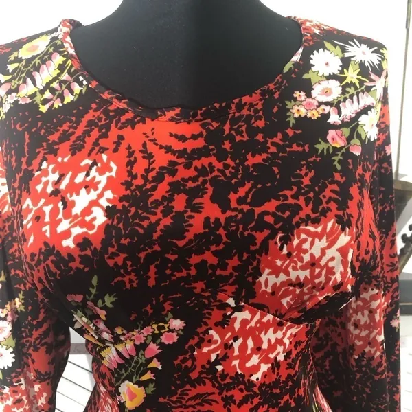 Vintage 70s Floral Dress Red Black flared sleeve boho fairy festival Ren fair M - Image 9