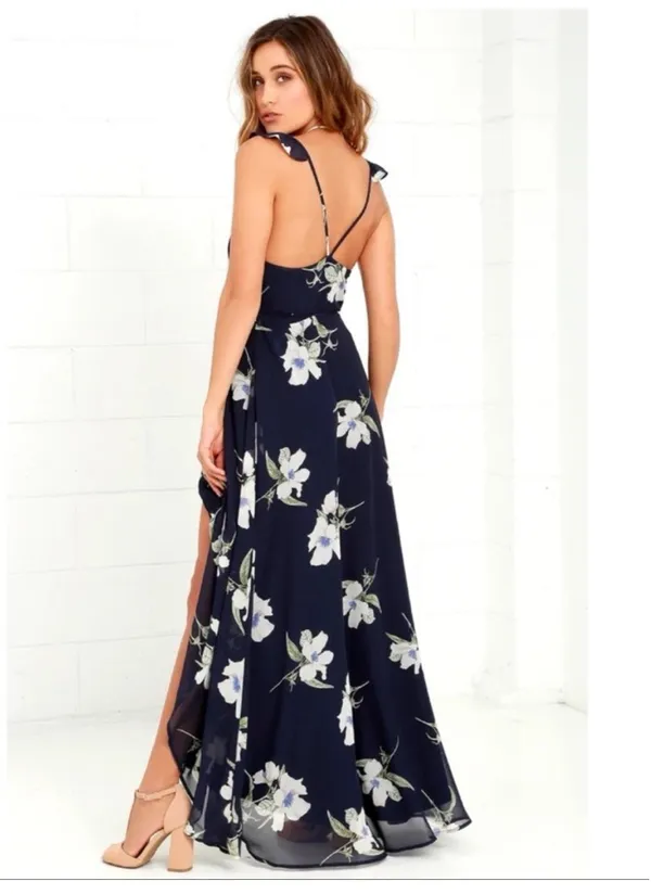 Lulus All Mine Navy Blue Floral Print High-Low Wrap Maxi Dress Large - Image 3