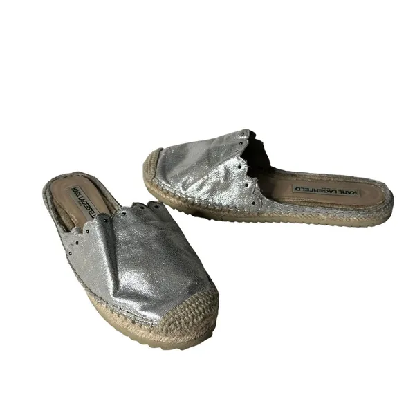 Karl Lagerfeld‎ Metallic Silver Espadrille Slides Slip on Shoes Women Size 7.5 - Image 8
