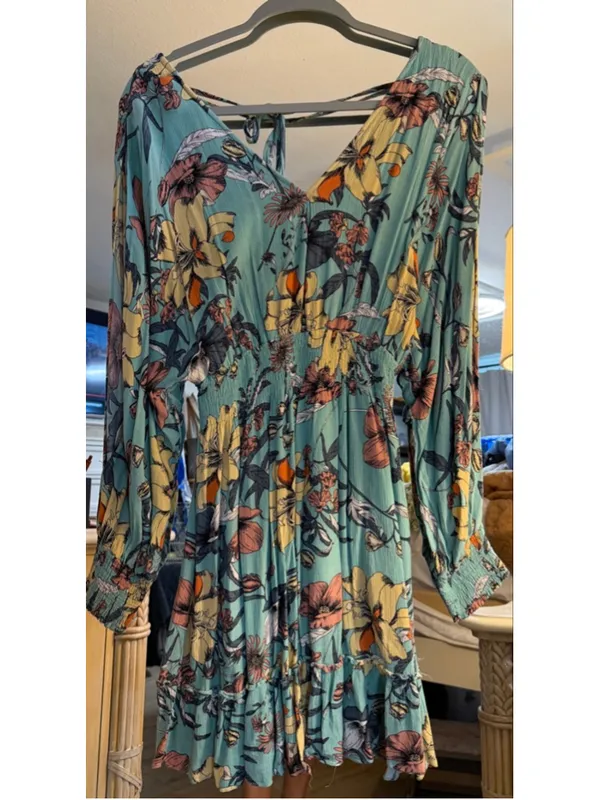 Floral Long Sleeve Mini Lined Dress S - Image 2