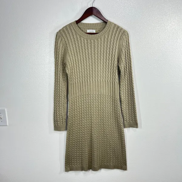 Calvin Klein Cable Knit Sweater Dress Khaki Tan Crew Neck‎ Small Quiet Luxury - Image 2