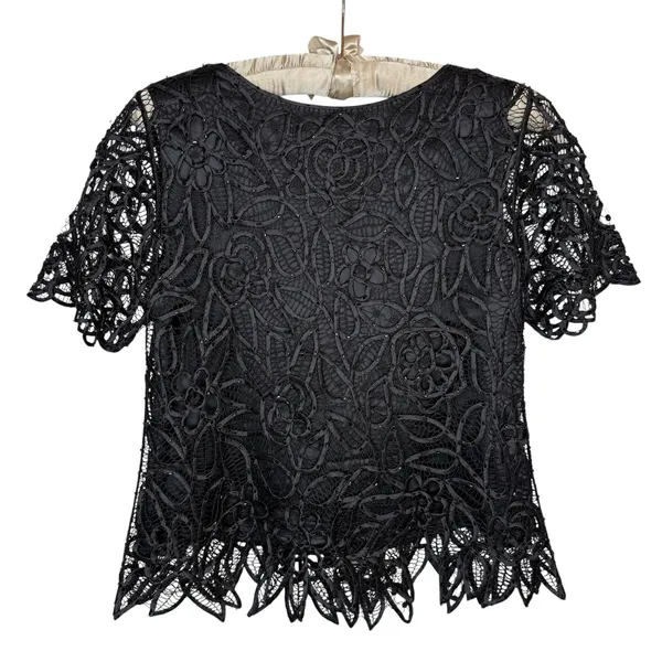 Vintage Silken Poetry‎ S Silk Black Beaded Crochet Lace Top Whimsigoth Fairy - Image 5