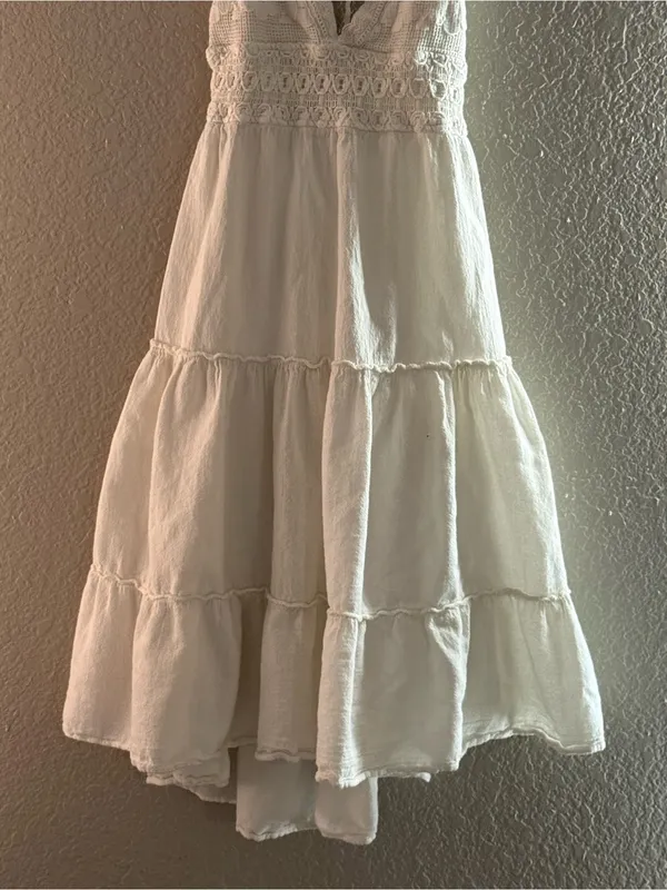 Off White Crochet Halter Beaded Tie Back Boho Tiered Mini Dress Tunic - Image 4