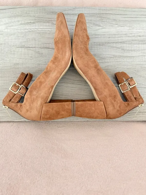 H by Halston Regina Brown Suede 3.25" Block Heel Pump Buckle Ankle Strap Zip 10 - Image 6