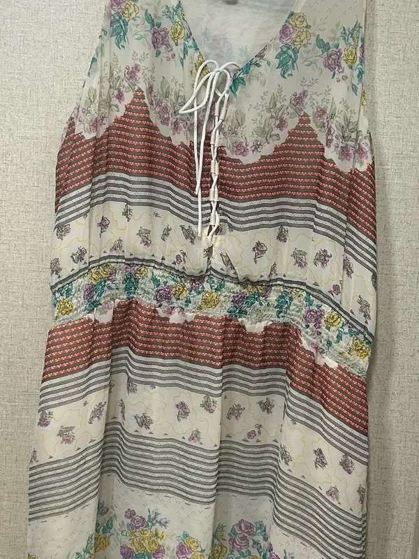 Free People Cream Floral Striped Smocked Camisole with Coral Bands - Image 3