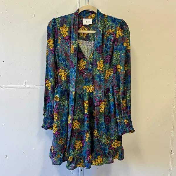 Dixie Teal Floral Tie Neck Tiered Ruffle Mini Dress Long Sleeve‎ Smocked Cuffs - Image 2