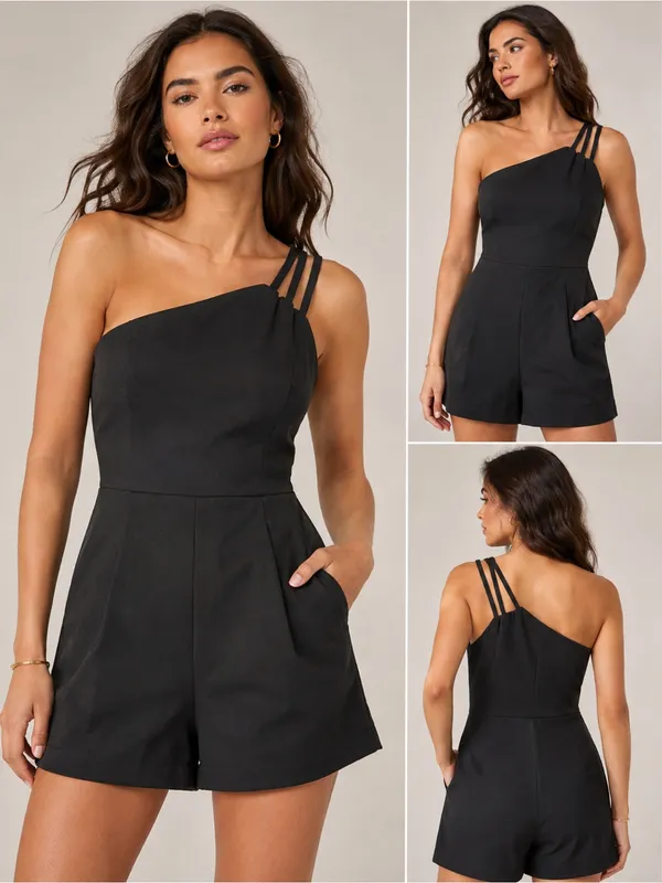 CIDER Black One Shoulder Strappy Romper Asymmetrical Tailored Shorts. Size L - Image 6