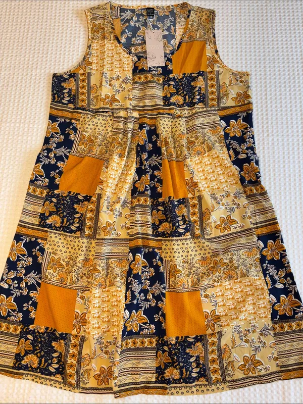 NEW! EMERY ROSE Boho Patchwork Swing Dress Mini Yellow Navy Blue Floral LARGE - Image 12