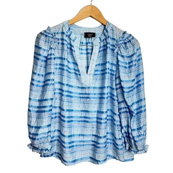 VICI Blue White Striped Metallic Ruffle Sleeve V-Neck Blouse Size Small - Image 2
