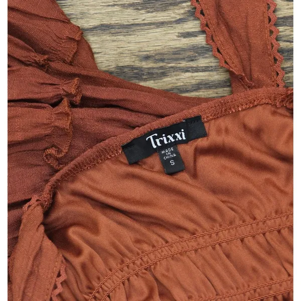 NWT Trixxi Juniors Square-Neck Tie-Strap Fit Flare Mini Dress Brown Orange S - Image 8