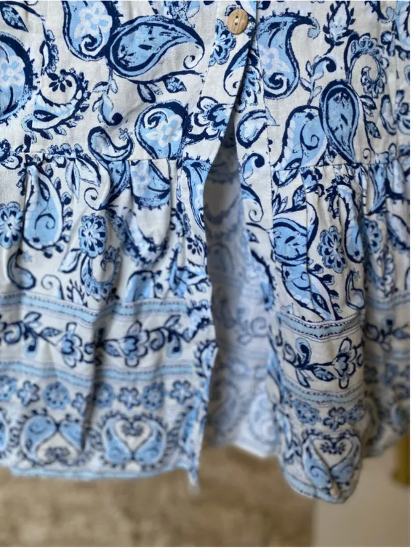 Zara Paisley Linen Smocked Boho Maxi Dress XS Coastal Nautical Breezy Italy Chic - Image 6