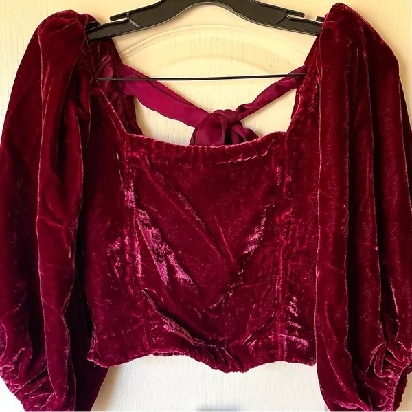 Free People Marie Velvet Open Back Crop Top‎ Balloon Sleeves Red Small NWT - Image 5